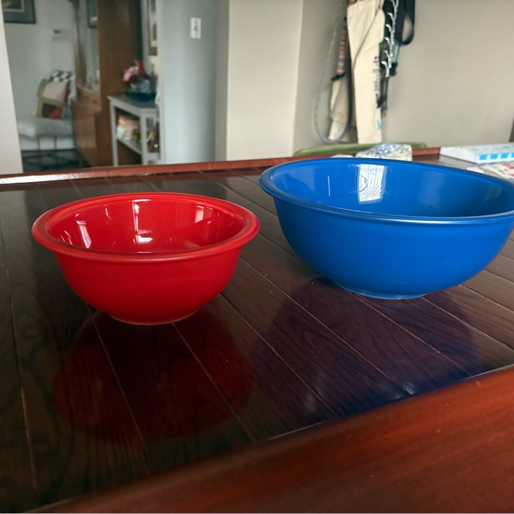 Vintage Pyrex Primary Color Clear Bottom Mixing Bowls 322 and 325